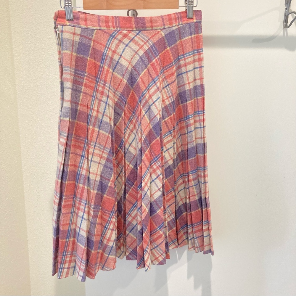 Vintage pleated skirt pink purple blue cream plaid wool midi skirt - Picture 2 of 12